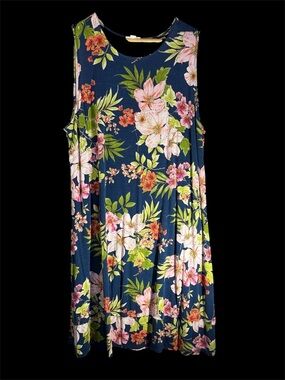 J.Jill Sleeveless Midi Blue Dress with Tropical Floral Design XL